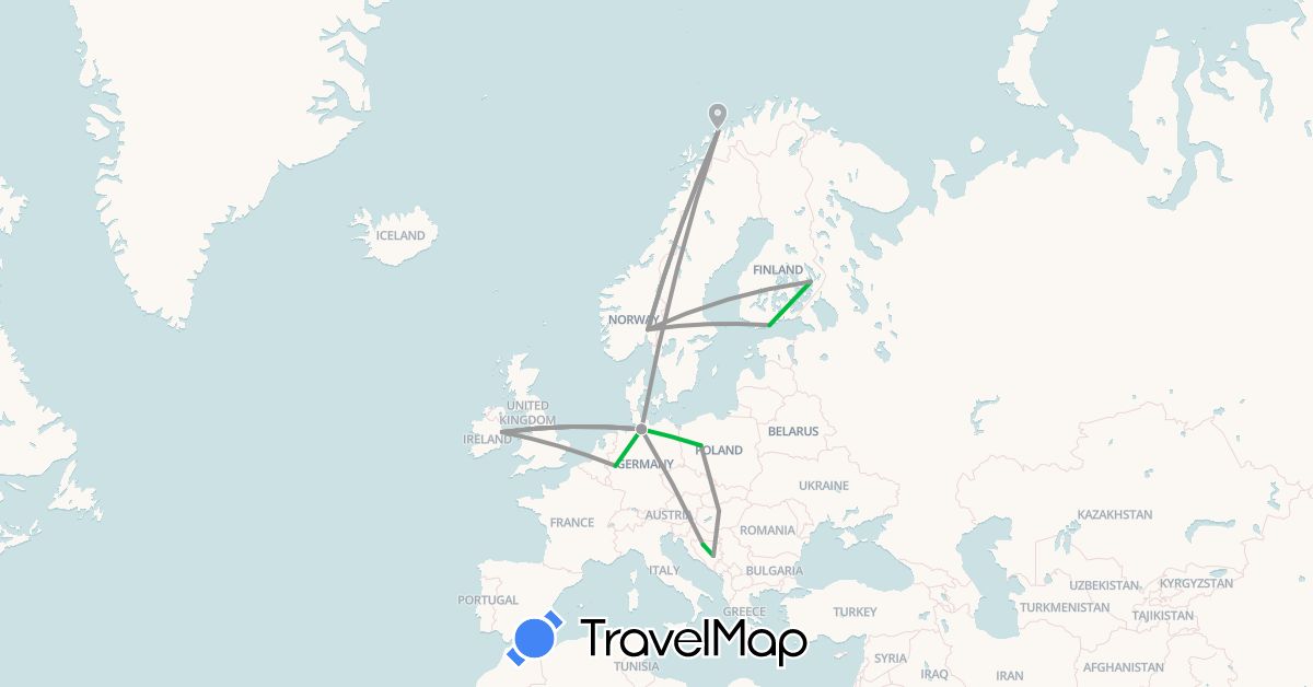 TravelMap itinerary: driving, bus, plane in Bosnia and Herzegovina, Germany, Finland, Hungary, Ireland, Norway, Poland (Europe)